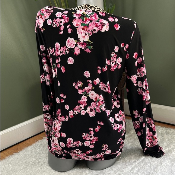INC International Concepts Black Floral Blouse with Leopard Trim - Picture 2 of 2